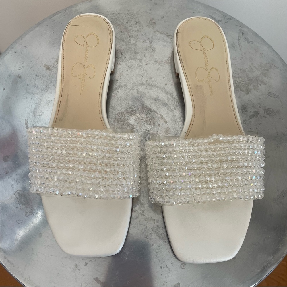 White Beaded Bridal Slide Sandals by Jessica Simpson Size 9